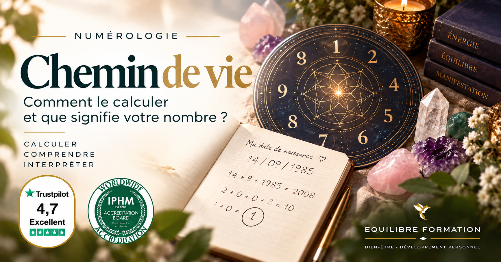 Chiffres de numérologie illustrant le calcul du chemin de vie