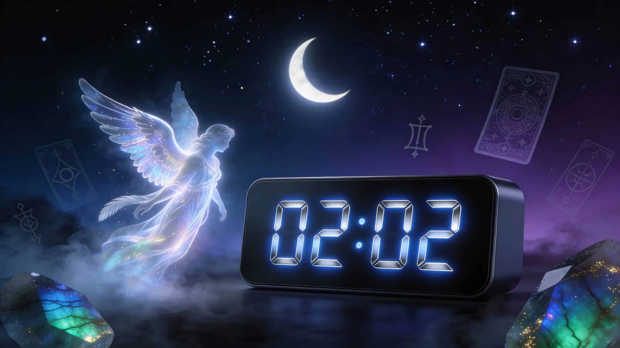 Réveil numérique affichant l'heure miroir 02h02 dans la nuit
