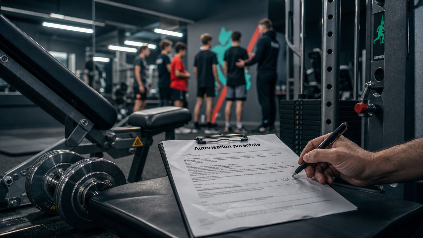 Deux adolescents s'entraînent sur des machines dans une salle de sport.